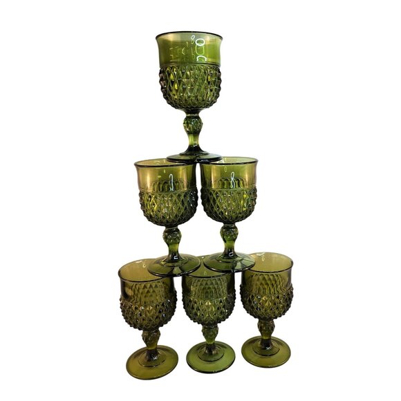 Vintage Green Glass Water Goblet Set Of 2 With Diamond Pattern Elegant Stemware - Picture 2 of 10